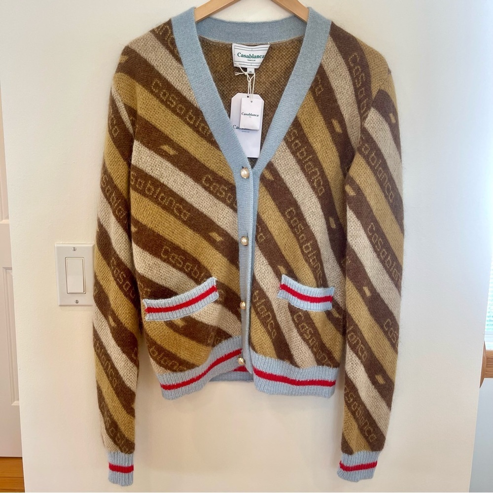 NWT Casablanca Diagonal Logo Cardigan mohair tan knit sweater